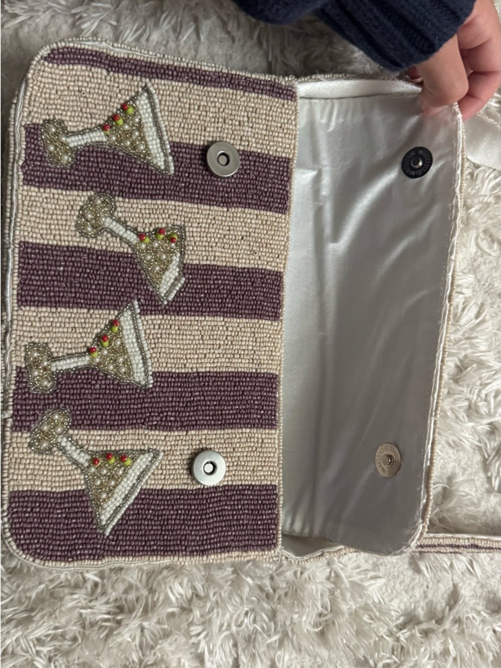 Beaded Martini Stripe Shoulder Bag in Cream and Plum - Picture 3 of 3